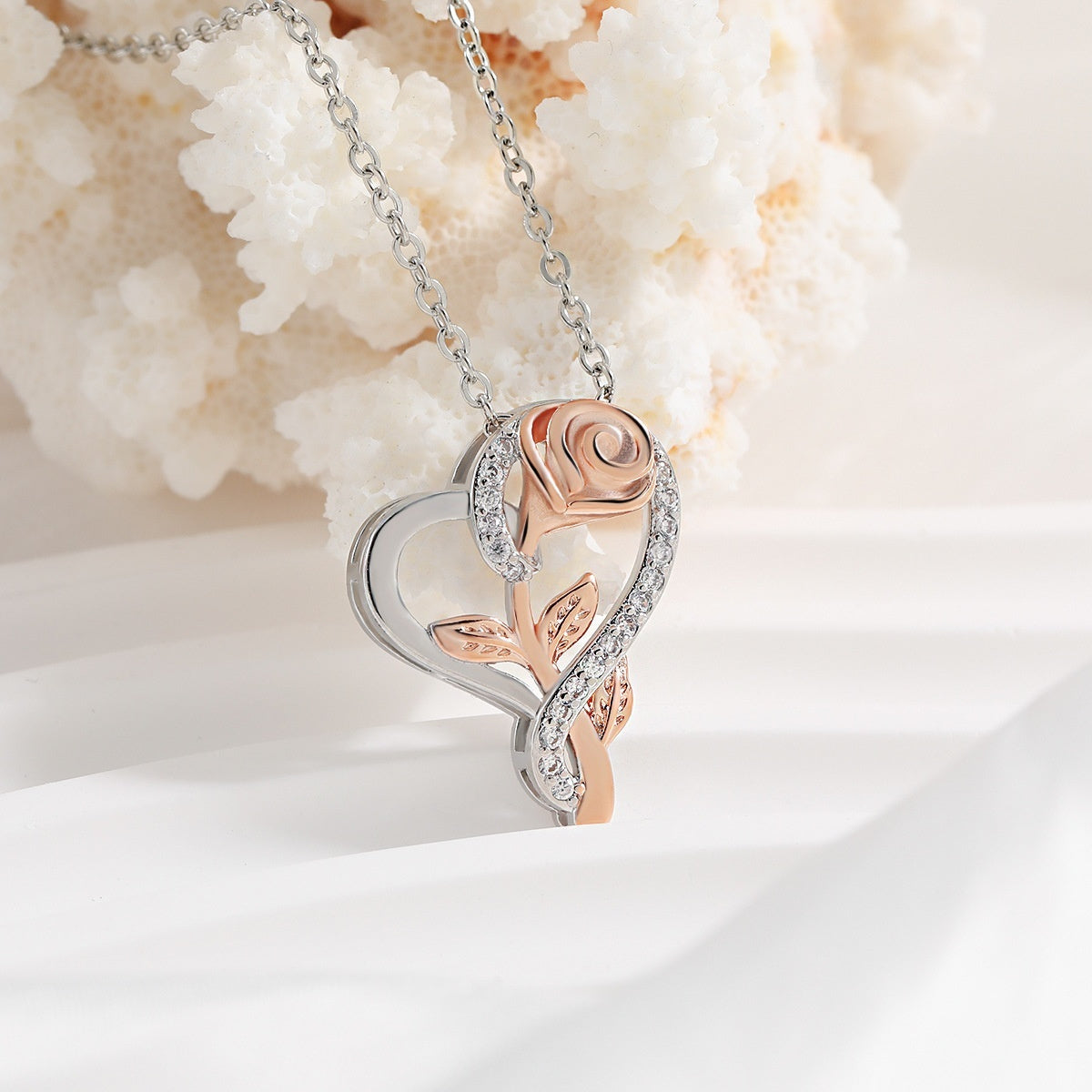 Intertwined Heart And Rose Flower Necklace