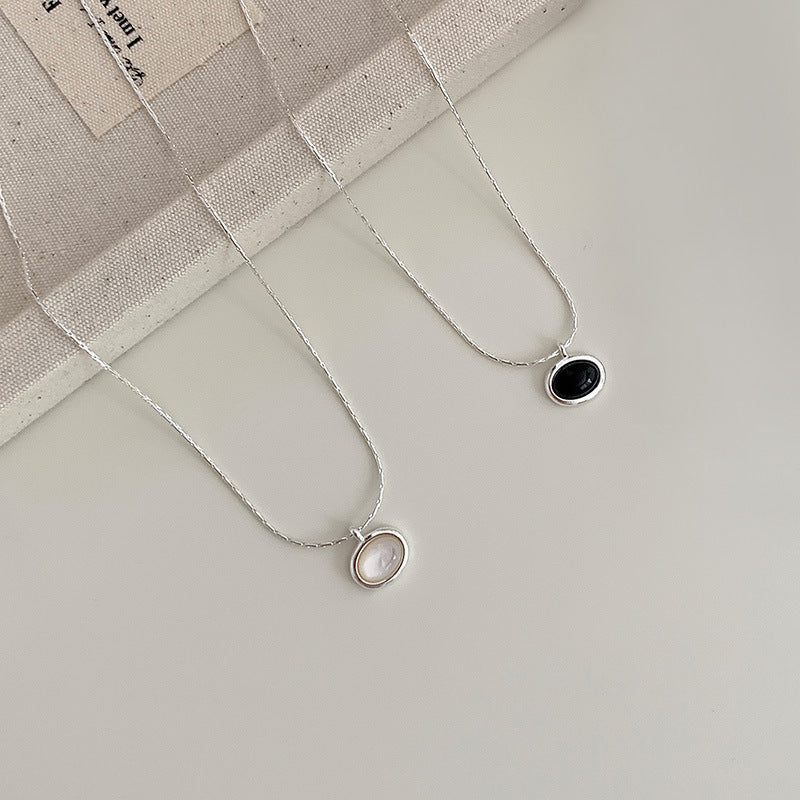 S925 Sterling Silver Oval White Mother-of-Pearl And Black Onyx Necklace