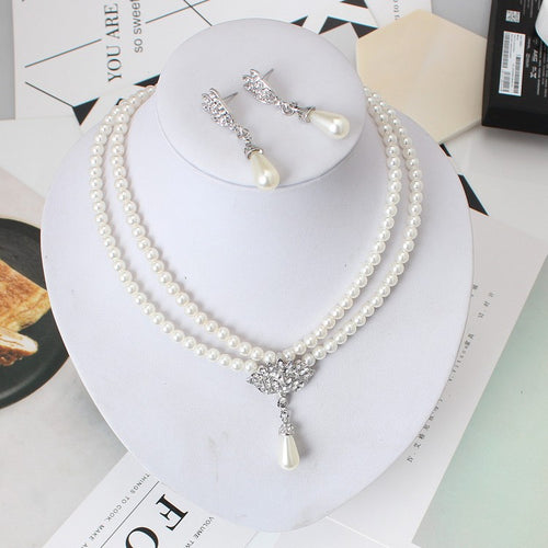 Bride Pearl Crystal With Short Collarbone Neck Necklace Set
