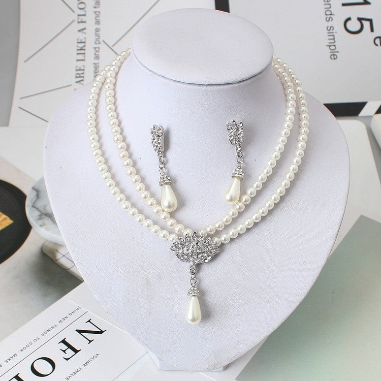 Bride Pearl Crystal With Short Collarbone Neck Necklace Set