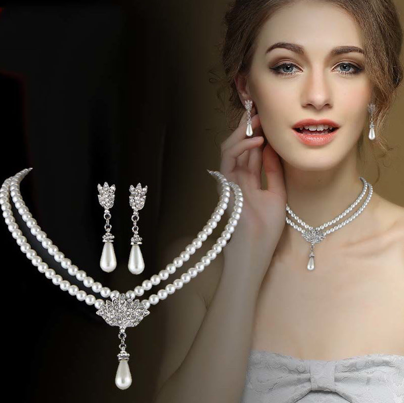 Bride Pearl Crystal With Short Collarbone Neck Necklace Set