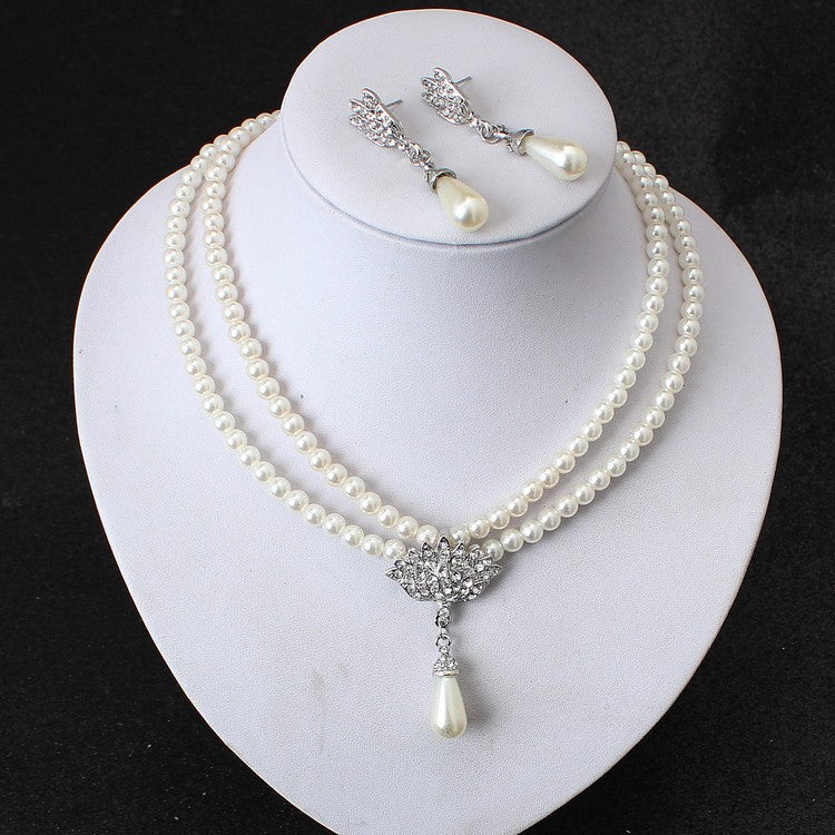 Bride Pearl Crystal With Short Collarbone Neck Necklace Set