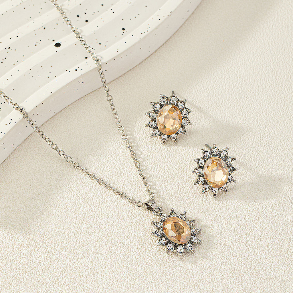 SUNFLOWER Zircon Ear Stud Necklace Suit
