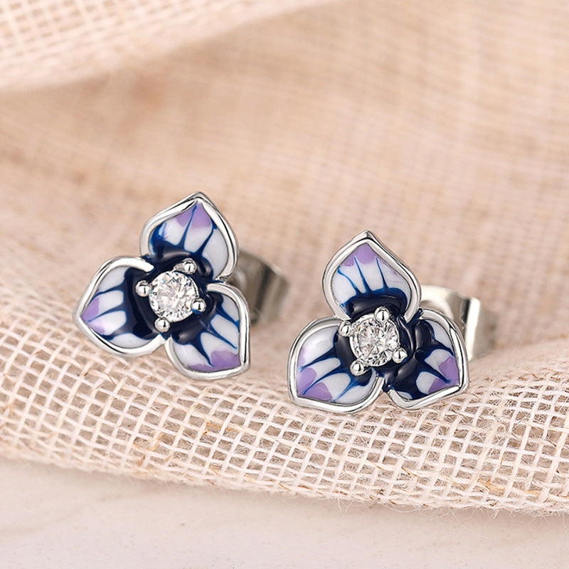 Morning Glory Oil-drop Stud Earrings For Women With Micro-paved Zircon
