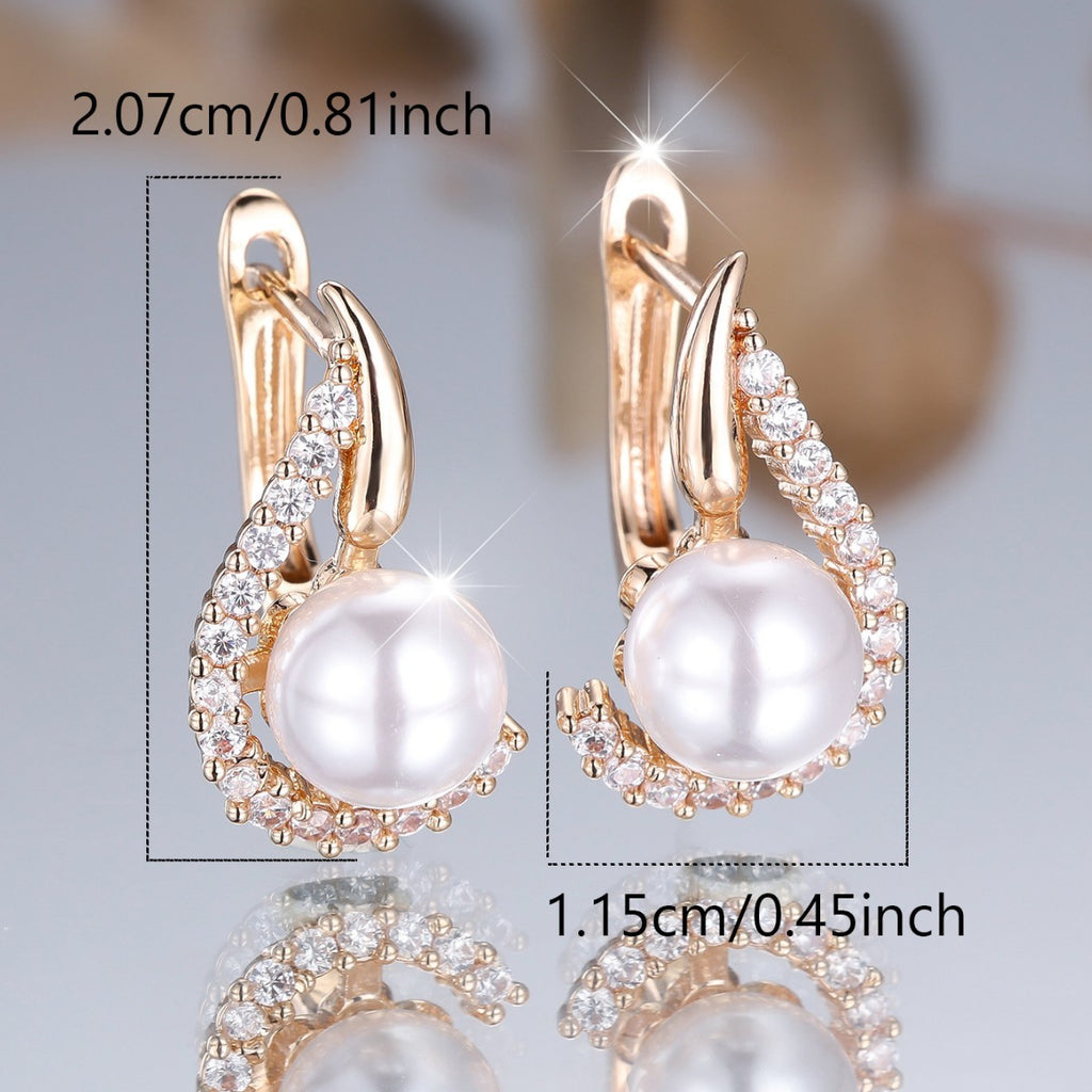 Champagne Gold Pearl-Inlaid Round White Diamond Earrings
