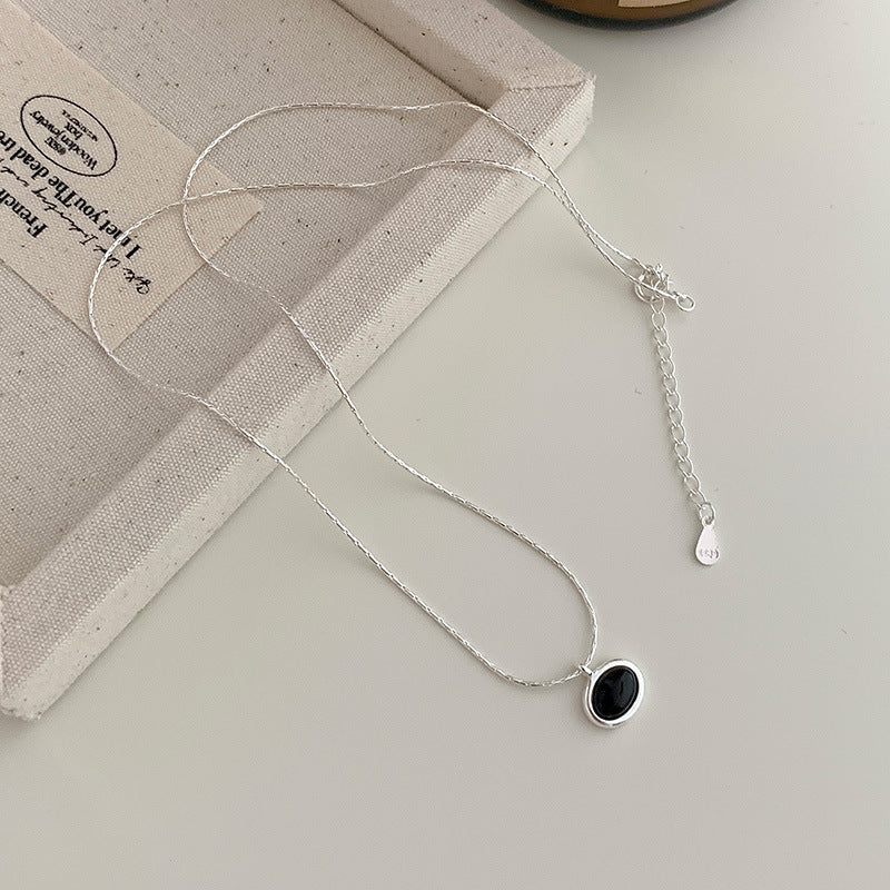 S925 Sterling Silver Oval White Mother-of-Pearl And Black Onyx Necklace