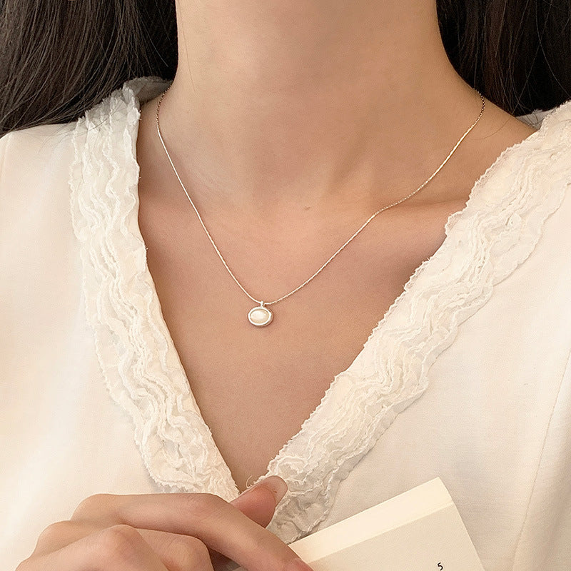 S925 Sterling Silver Oval White Mother-of-Pearl And Black Onyx Necklace